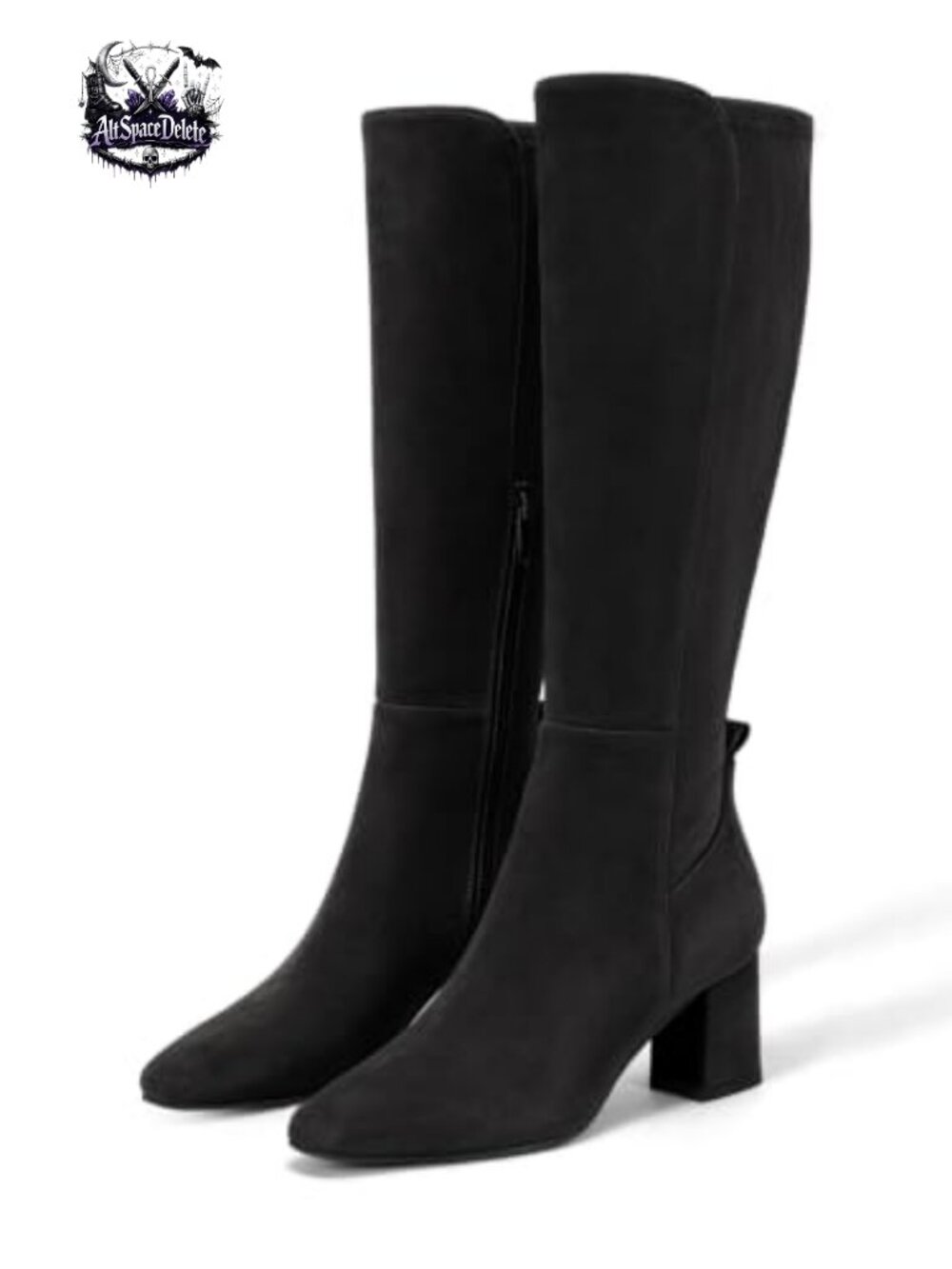 Faux Suede Knee High Boots Chunky Heel Side Zipper Dress Boots